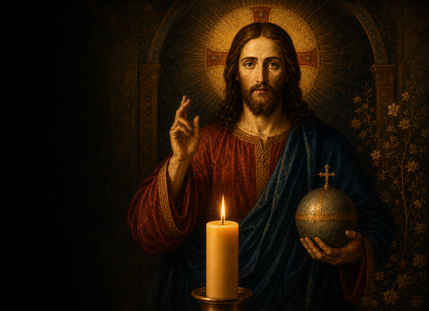 Nosso Senhor Jesus Cristo abençoando, com uma vela lisa de pura cera de abelha acesa em primeiro plano